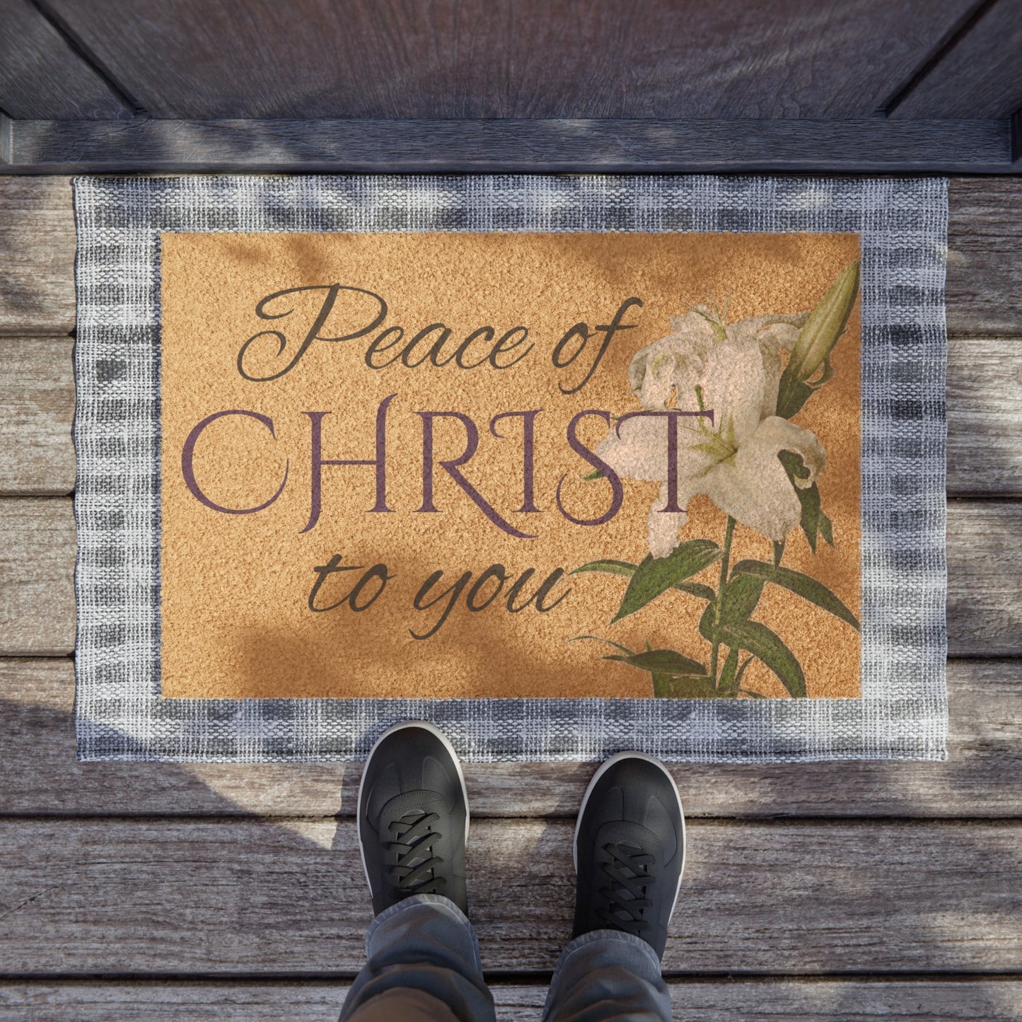 Peace of Christ to You Doormat with Peace Lily