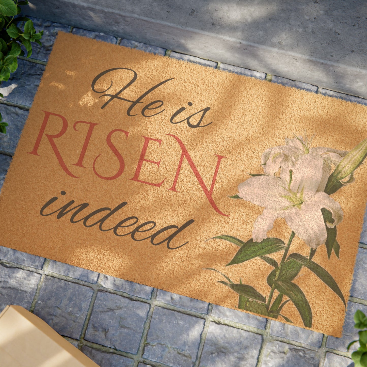 He Is Risen Indeed Easter Doormat with Lily